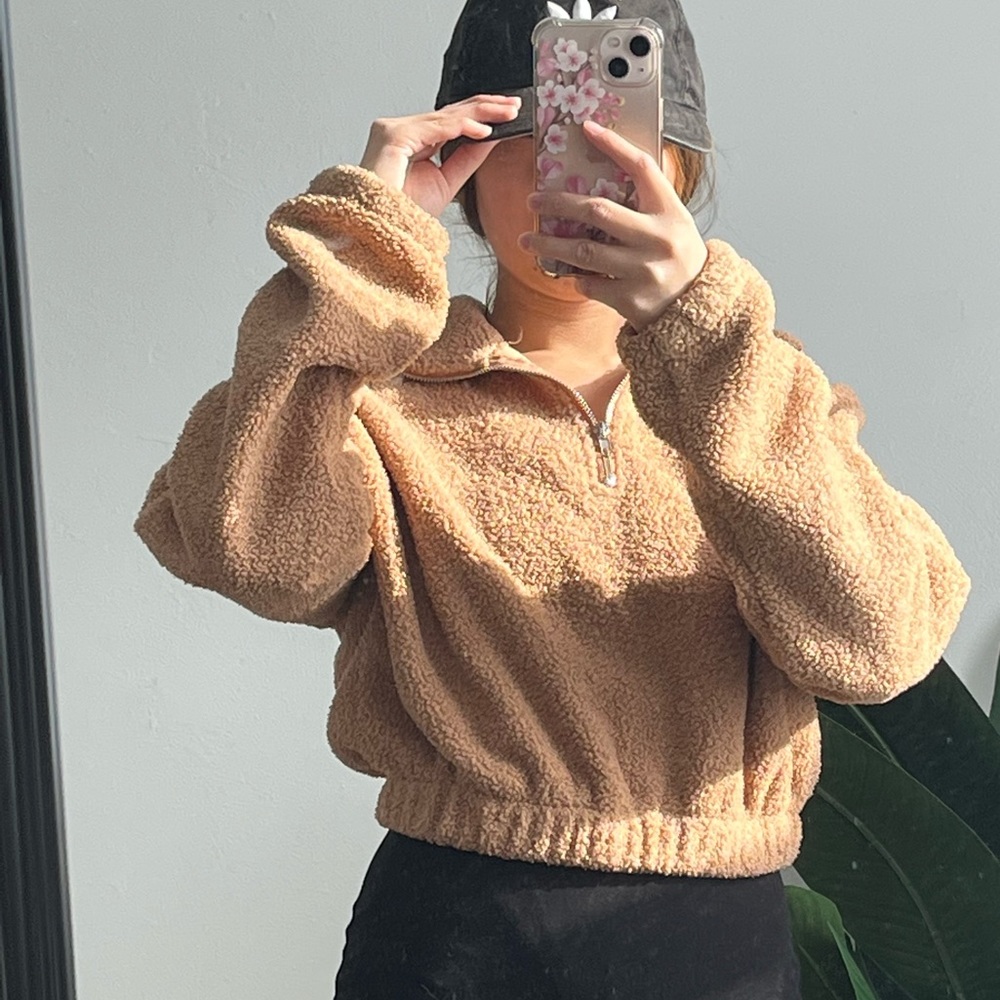 ZAFUL brown teddy half zip up